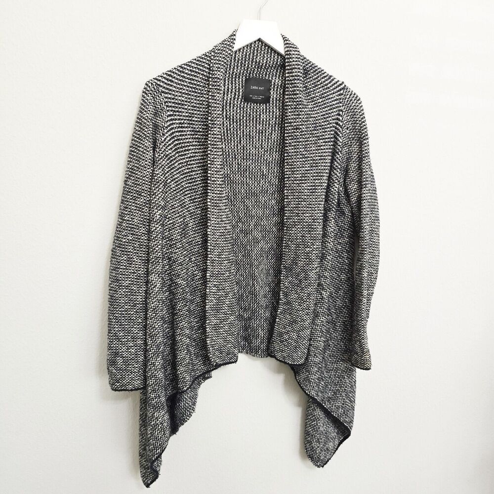 Zara Knit Tweed Draper Front Waterfall Open Cardigan Size Large Black And White